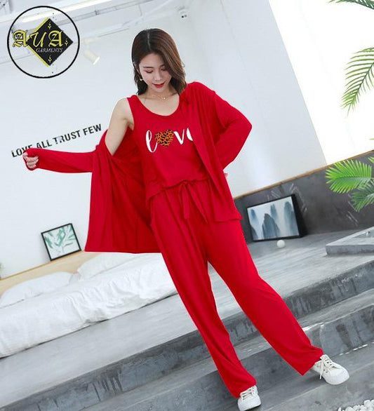 3 Piece Lounge wear Nightwear Sleepwear For Women RED