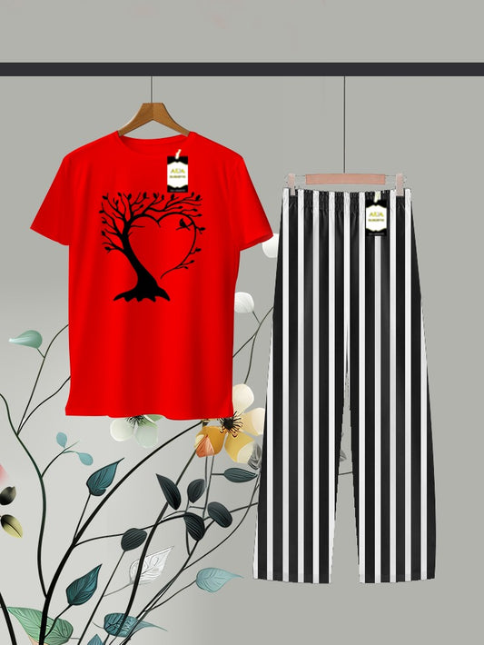 Red Printed Linig Trouser Lounge wear Nightwear Sleepwear For Women