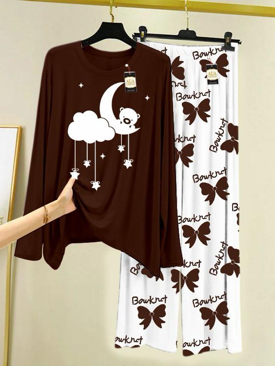Brown Printed Nightwear Set with Boo Printed Trousers – Women's Lounge Wear