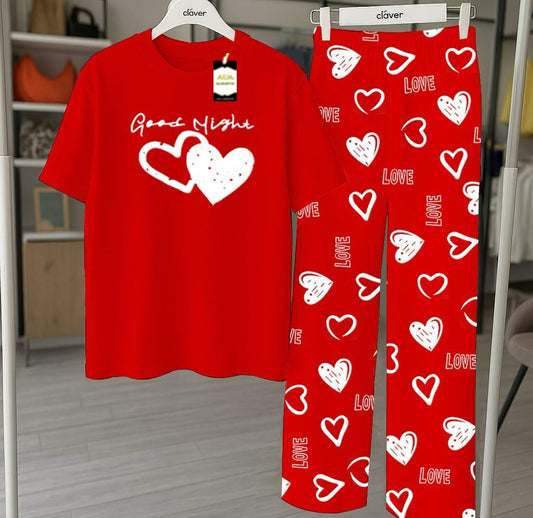 RED Printed Nightwear Set With Love Heart Printed Trousers – Women's Lounge Wear