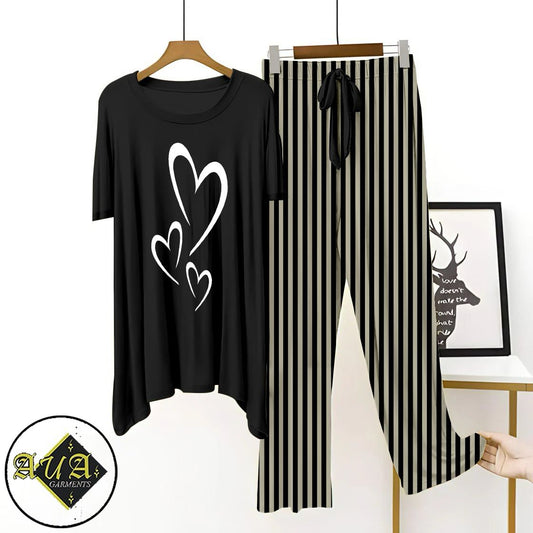 Black Lining Trouser Printed Night Suit with Luxurious Lining Pajamas Stylish Sleepwear Set for a Cozy Night's Rest