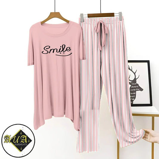 LIght Pink Printed Night Suit with Luxurious Lining Pajamas Stylish Sleepwear Set for a Cozy Night's Rest