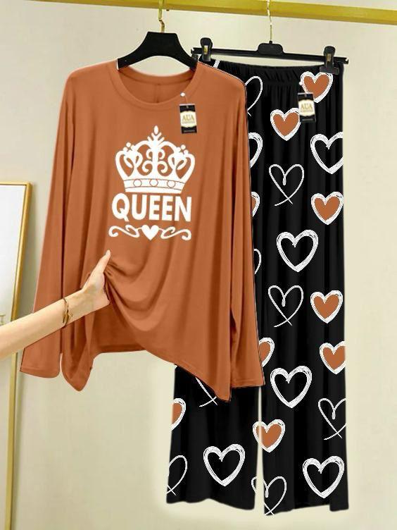 Brown Color Heart Printed Trouser Lounge wear Nightwear Sleepwear With Heart Prinred Trouser For Women