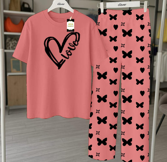 Peach Printed Nightwear Set With Star Butterfly Printed Trousers – Women's Lounge Wear