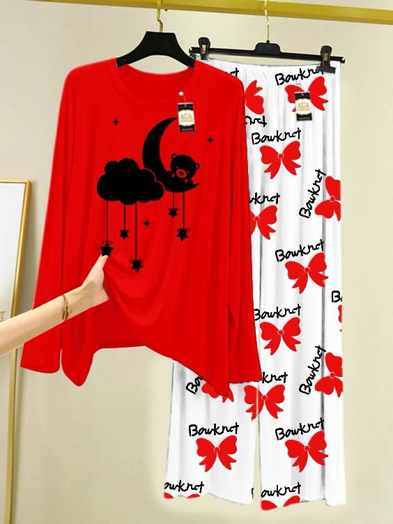 Red Printed Nightwear Set with Boo Printed Trousers – Women's Lounge Wear