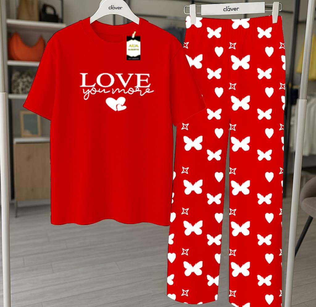 Red Printed Nightwear Set With Star Butterfly Printed Trousers – Women's Lounge Wear