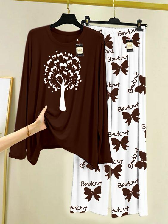 Brown  Printed Nightwear Set with Boo Printed Trousers – Women's Lounge Wear