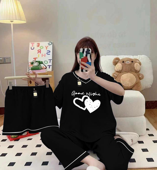 3-Piece Cami Nightwear Set for Women with Elegant White Borders BLACK