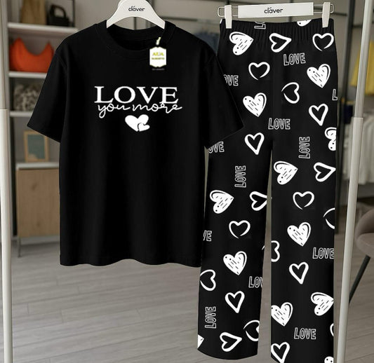 Black Printed Nightwear Set With Love Heart Printed Trousers – Women's Lounge Wear