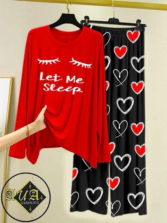 Red Color Heart Printed Trouser Lounge wear Nightwear Sleepwear With Heart Prinred Trouser For Women