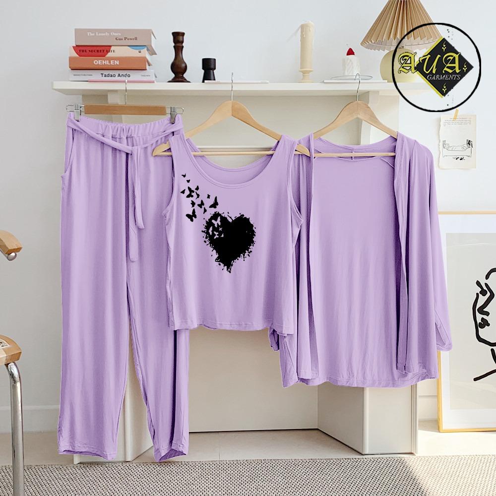 3 Piece Lounge wear Nightwear Sleepwear For Women Purple