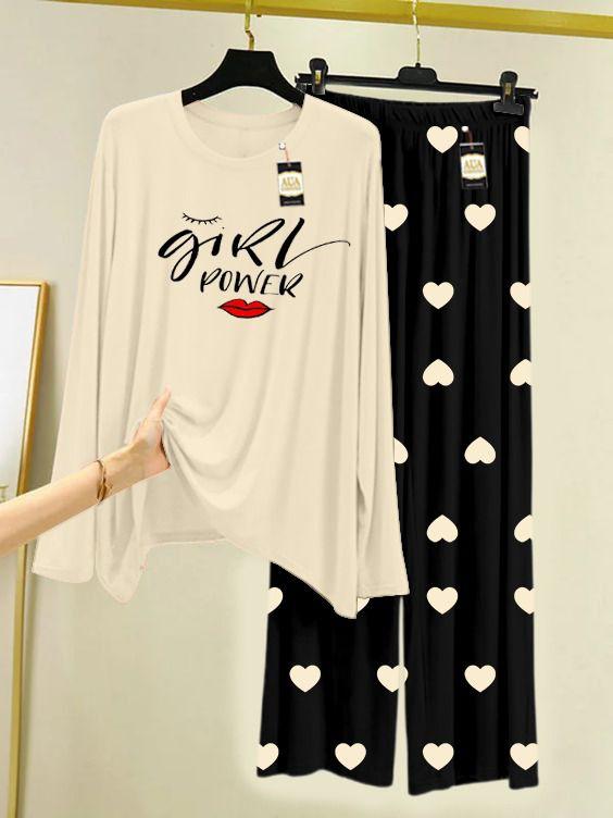 Off white Printed Nightwear Set with Black Mini Heart Printed Trousers – Women's Lounge Wear