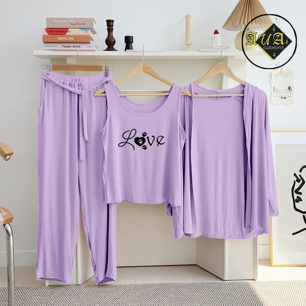 3 Piece Lounge wear Nightwear Sleepwear For Women Purple
