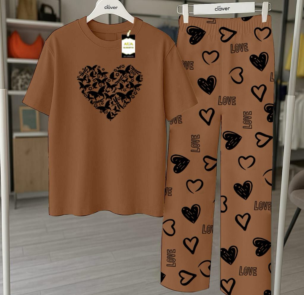 Light Brown Printed Nightwear Set With Love Heart Printed Trousers – Women's Lounge Wear