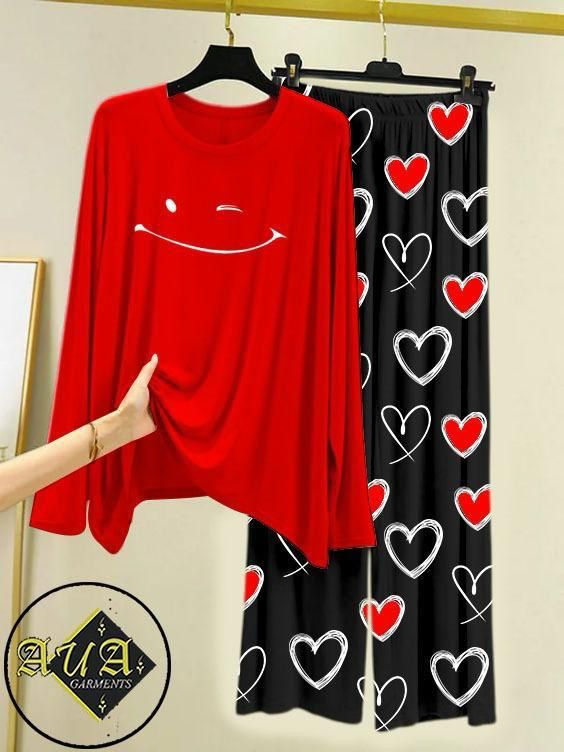 Red Color Heart Printed Trouser Lounge wear Nightwear Sleepwear With Heart Prinred Trouser For Women
