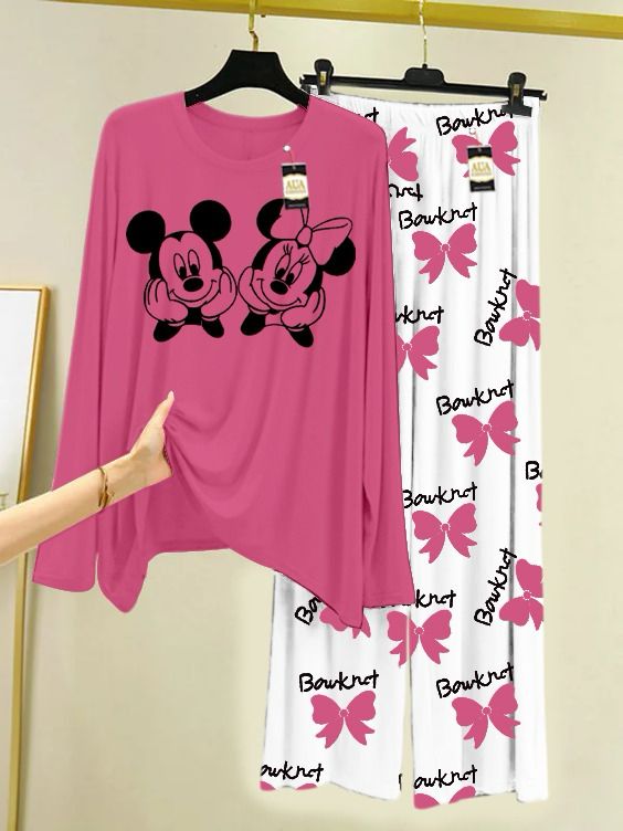 Baby Pink Printed Nightwear Set With Boo Printed Trousers – Women's Lounge Wear