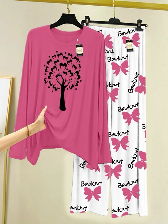 Baby Pink Printed Nightwear Set With Boo Printed Trousers – Women's Lounge Wear