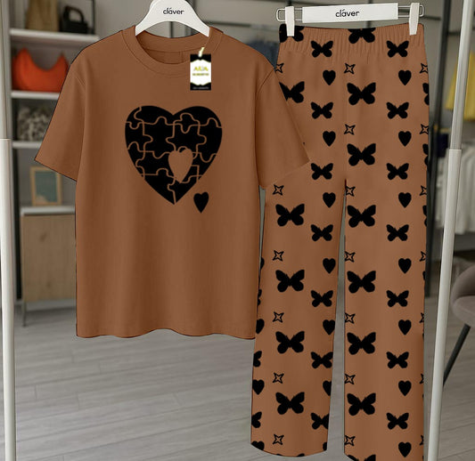 Brown Printed Nightwear Set With Star Butterfly Printed Trousers – Women's Lounge Wear