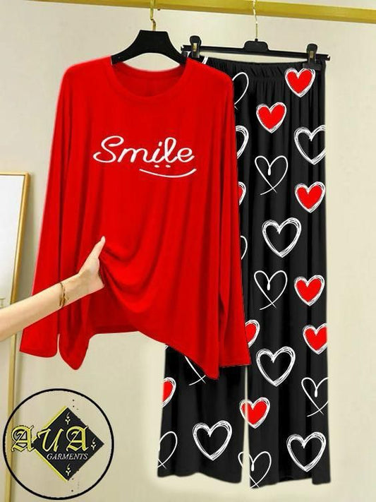Red Color Heart Printed Trouser Lounge wear Nightwear Sleepwear With Heart Prinred Trouser For Women
