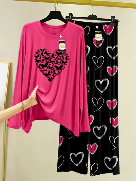 Pink Color Heart Printed Trouser Lounge wear Nightwear Sleepwear With Heart Prinred Trouser For Women