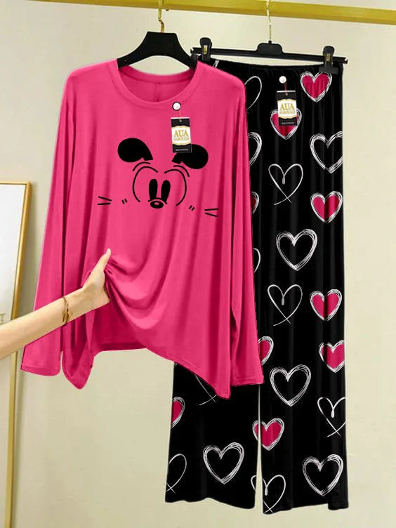 Pink Color Heart Printed Trouser Lounge wear Nightwear Sleepwear With Heart Prinred Trouser For Women