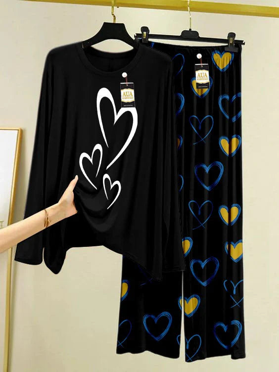 Black Color Heart Printed Trouser Lounge wear Nightwear Sleepwear With Heart Prinred Trouser For Women