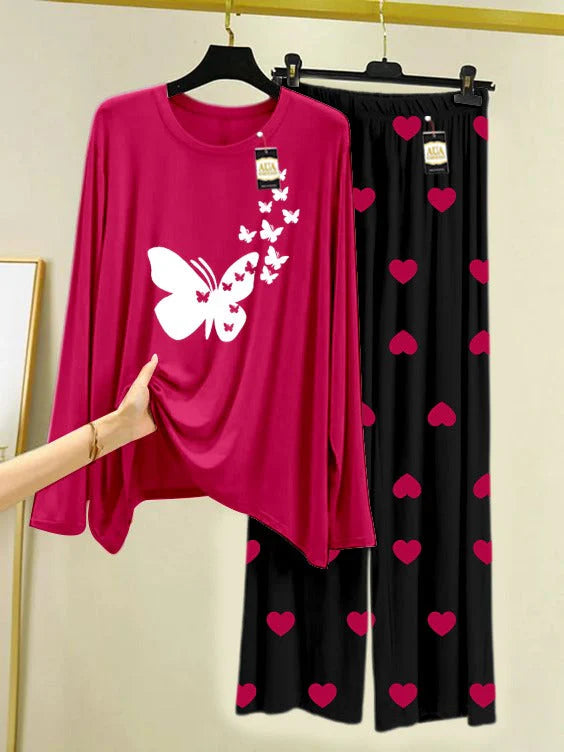 Dark Pink Printed Nightwear Set with Mini Heart Printed Trousers – Women's Lounge Wear