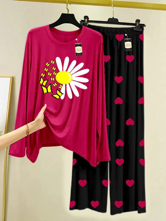 Dark Pink Printed Nightwear Set with Mini Heart Printed Trousers – Women's Lounge Wear