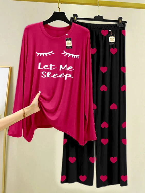 Dark Pink Printed Nightwear Set with Mini Heart Printed Trousers – Women's Lounge Wear