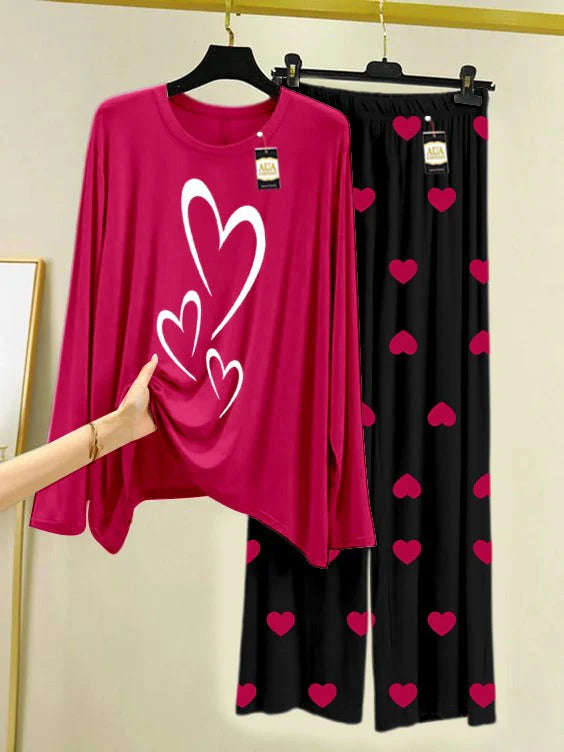 Dark Pink Printed Nightwear Set with Mini Heart Printed Trousers – Women's Lounge Wear