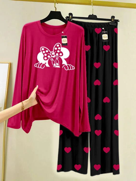 Dark Pink Printed Nightwear Set with Mini Heart Printed Trousers – Women's Lounge Wear
