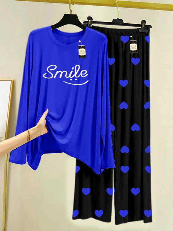 Navy Blue Printed Nightwear Set with Mini Heart Printed Trousers – Women's Lounge Wear