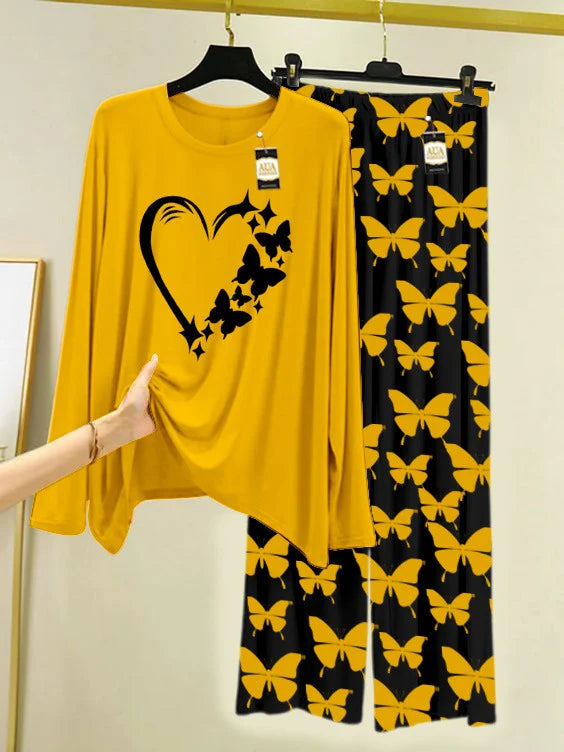 Yellow Printed Nightwear Set With Black Butterfly Printed Trousers – Women's Lounge Wear