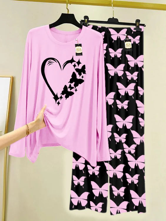 Baby Pink Printed Nightwear Set With Black Butterfly Printed Trousers – Women's Lounge Wear