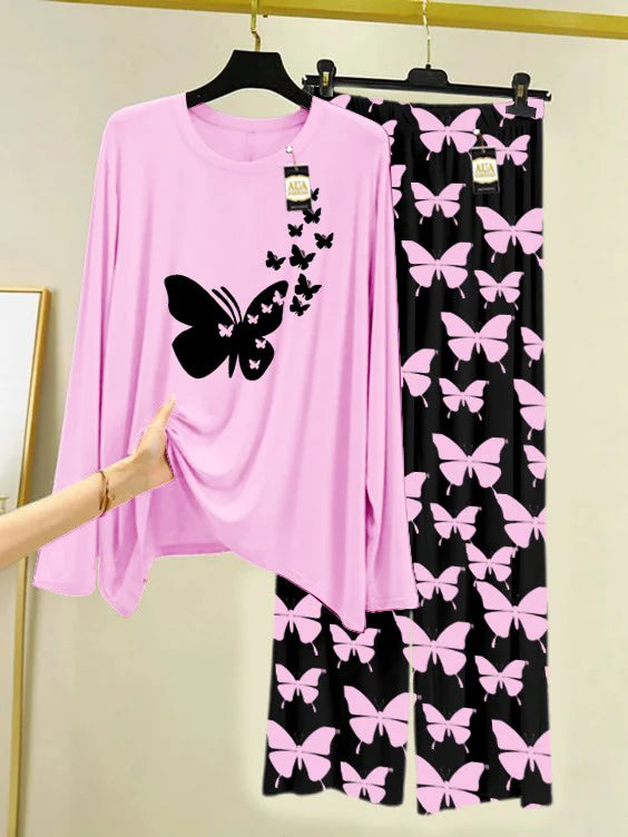 Baby Pink Printed Nightwear Set With Black Butterfly Printed Trousers – Women's Lounge Wear