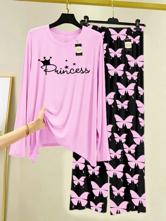 Baby Pink Printed Nightwear Set With Black Butterfly Printed Trousers – Women's Lounge Wear