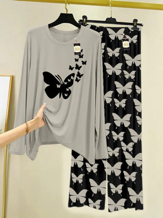 GREY Printed Nightwear Set With Black Butterfly Printed Trousers – Women's Lounge Wear