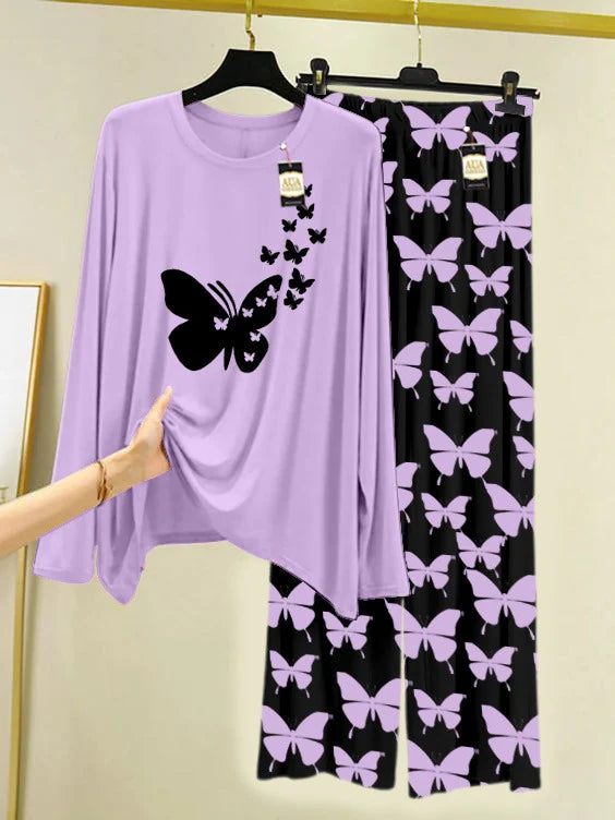 PURPLE Printed Nightwear Set With Black Butterfly Printed Trousers – Women's Lounge Wear