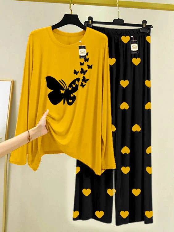 YELLOW Printed Nightwear Set with Black Mini Heart Printed Trousers – Women's Lounge Wear