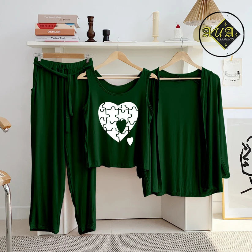 T Green  3 Piece Lounge wear Nightwear Sleepwear For Women