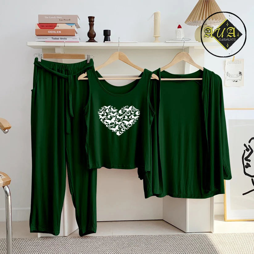 T Green  3 Piece Lounge wear Nightwear Sleepwear For Women