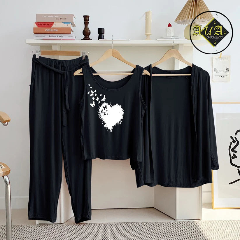 3 Piece Lounge wear Nightwear Sleepwear For Women Black