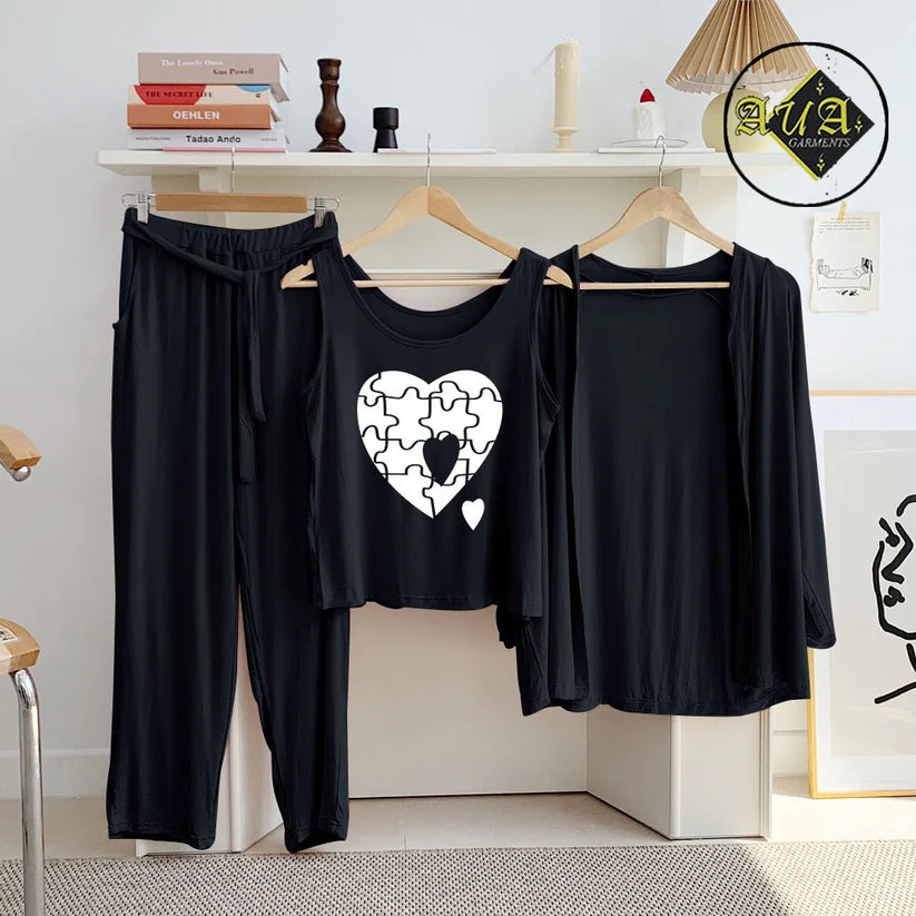 3 Piece Lounge wear Nightwear Sleepwear For Women Black