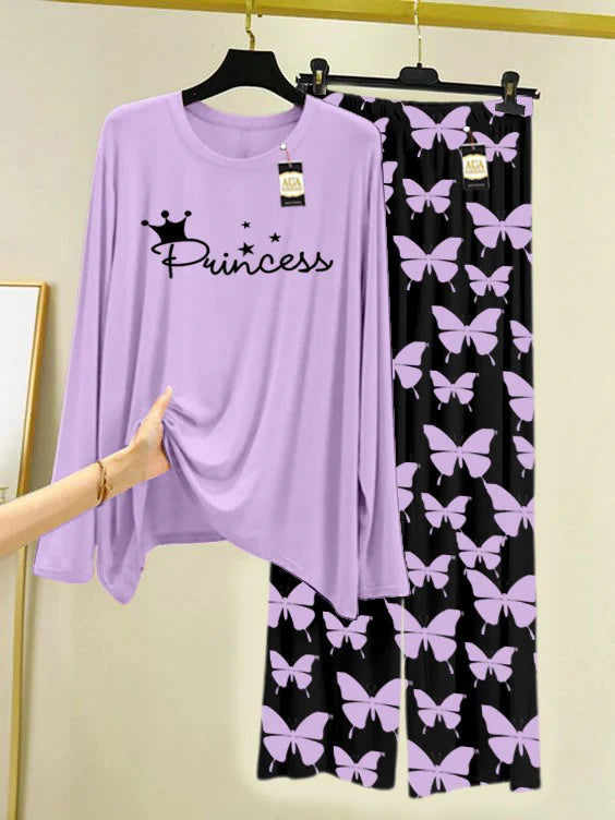 PURPLE Printed Nightwear Set With Black Butterfly Printed Trousers – Women's Lounge Wear
