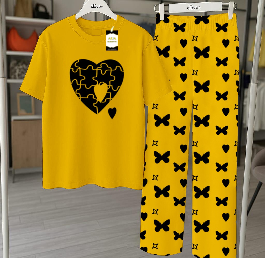 Yellow Printed Nightwear Set With Star Butterfly Printed Trousers – Women's Lounge Wear