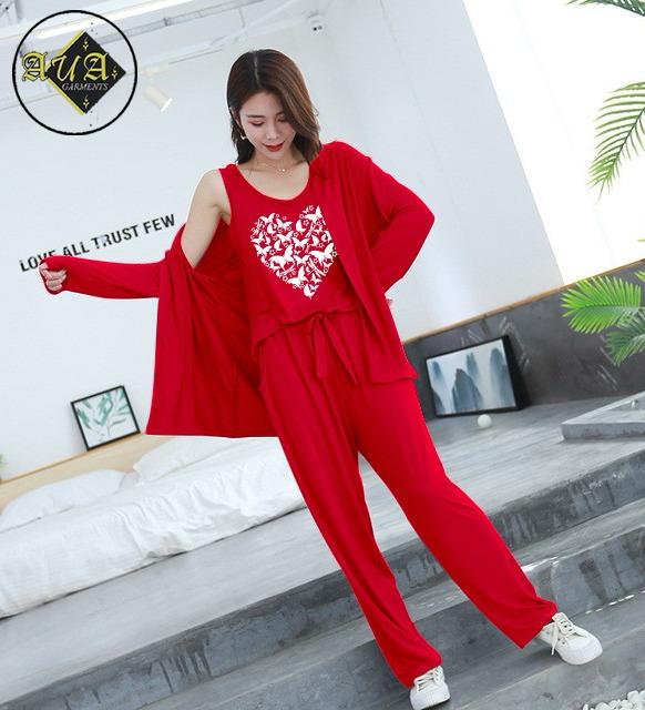 3 Piece Lounge wear Nightwear Sleepwear For Women RED