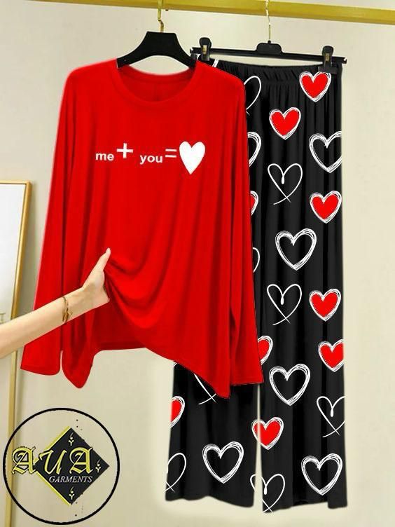 Red Color Heart Printed Trouser Lounge wear Nightwear Sleepwear With Heart Prinred Trouser For Women