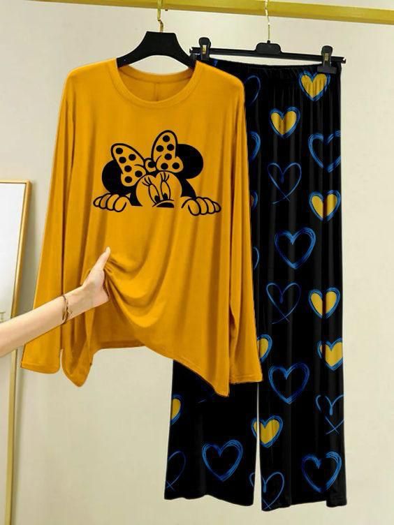 Yellow Color Heart Printed Trouser Lounge wear Nightwear Sleepwear With Heart Prinred Trouser For Women