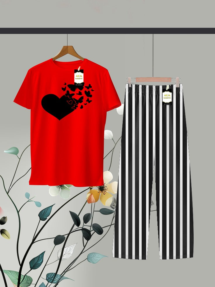 Red Printed Linig Trouser Lounge wear Nightwear Sleepwear For Women