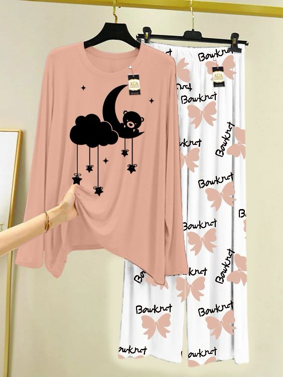 Peach Printed Nightwear Set with Boo Printed Trousers – Women's Lounge Wear